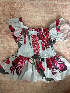 Smocked Ruffle Floral Peplum Top - Red & Green on Light Blue